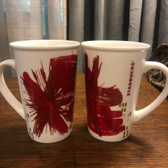 Starbucks Red Gold Splash 2014 Abstract Coffee Mugs Set of 2 5" Tall 12 oz - Picture 1 of 6